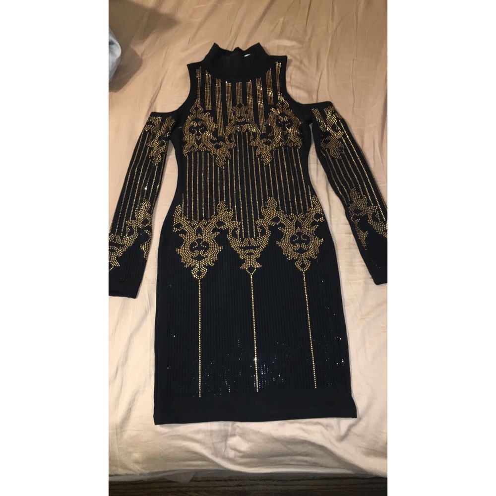 Black and Gold Fitted Studded Dress.